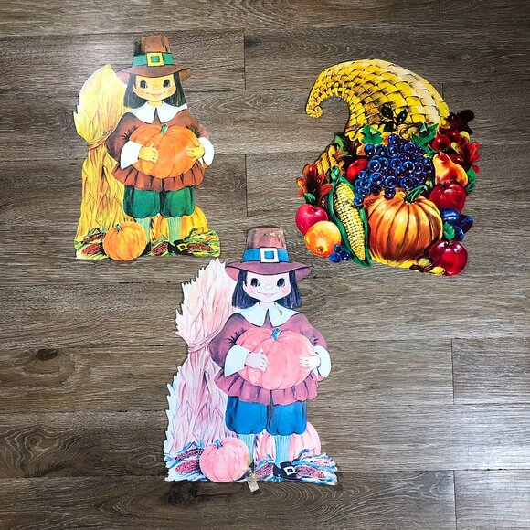 Beistle Vintage Thanksgiving Pilgrims Cardboard Die Cut Decorations Lot of 3 - Picture 1 of 6